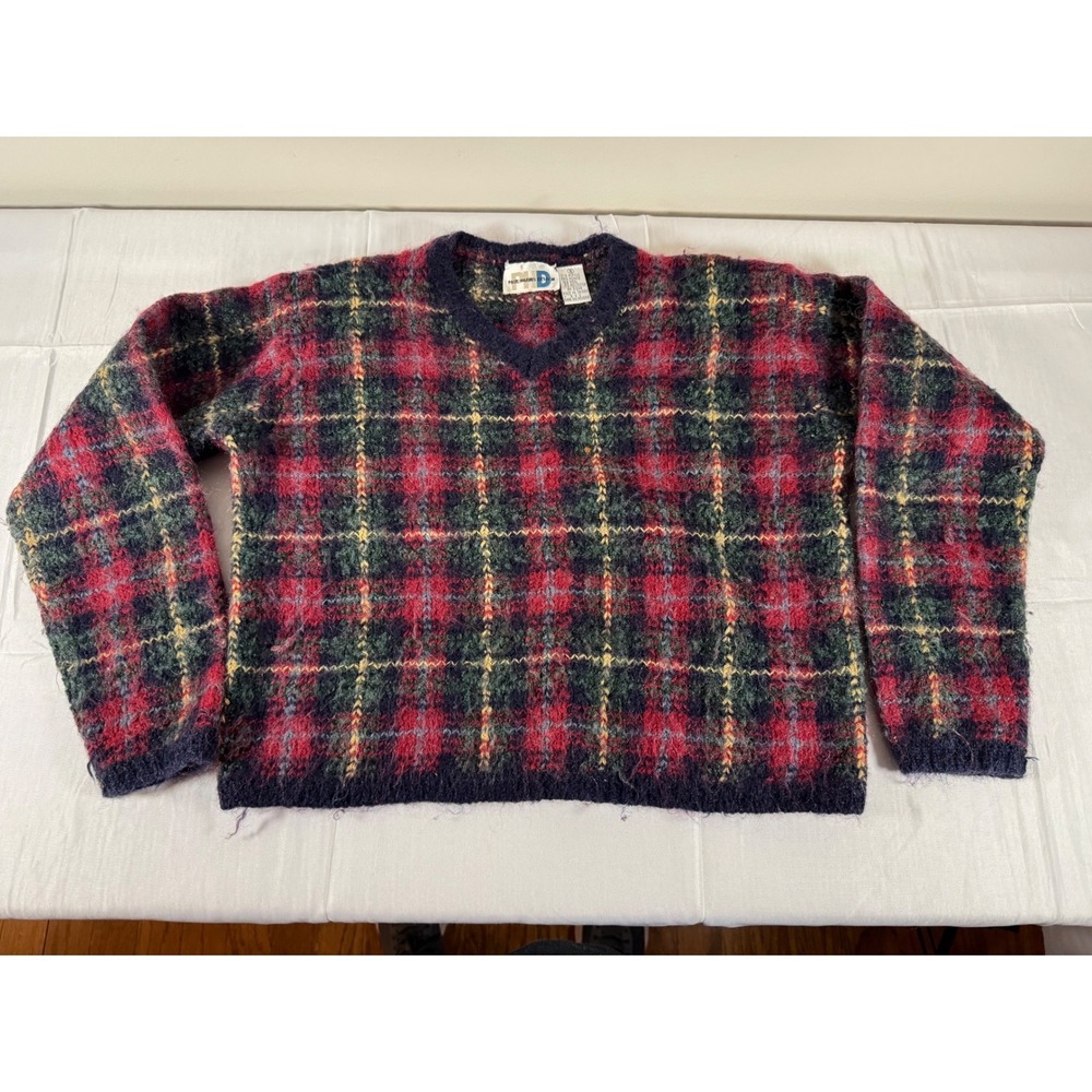 VTG 80s/90s Paul Harris Design Mohair Wool Blend Plaid V-Neck Sweater Small